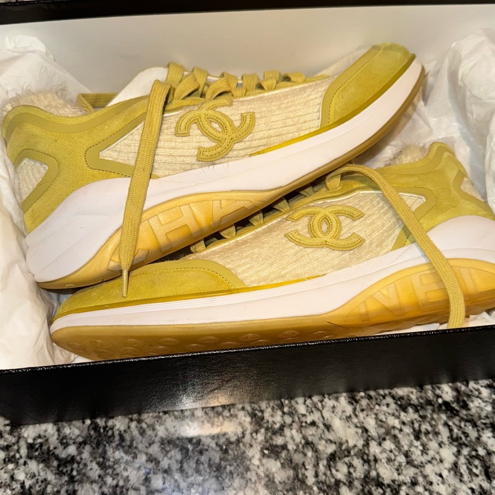 CHANEL Yellow and Cream Sneakers